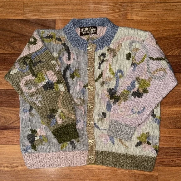 Tara Handknits Floral Cardigan Sweater | Hand Knit | Multicolor - Picture 1 of 14